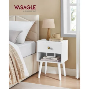 VASAGLE Bedside Table, Side Table with Storage Drawer and Open Shelf, Solid Wood Legs, End Table