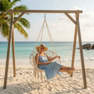 Outdoor Bohemian Swing Chair Handwoven Cotton Rope Lazy Bed with Tassel (Without Pillow Towel) for Garden Porch Backyard