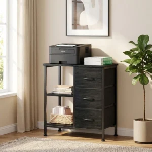 Bedside Table End Table Filing Cabinet w/3 Fabric Drawers Open Storage Shelf Night Stand Printer Stand for Bedroom Home Office