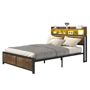 YITAHOME King Size Brown Bed Frame - LED Headboard with USB Ports, 2-Tier Shelves, Metal Platform (No Box Spring)