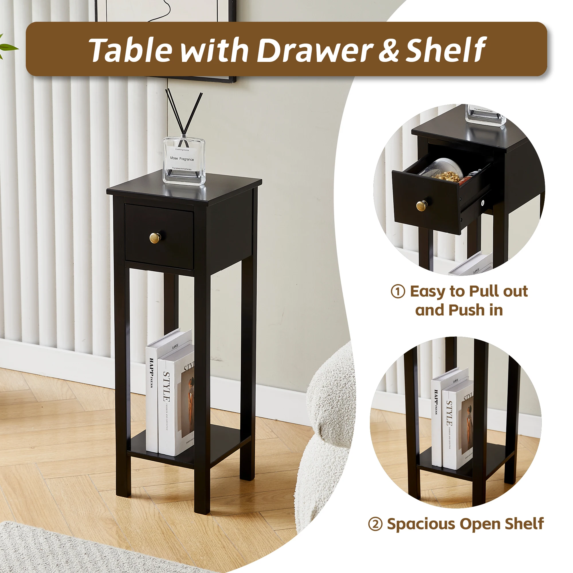 Slim Solid Wooden Bedside Table, Set of 2 Small Narrow Side End Tables, Narrow Bedroom Nightstand with Open Shelf and Drawer