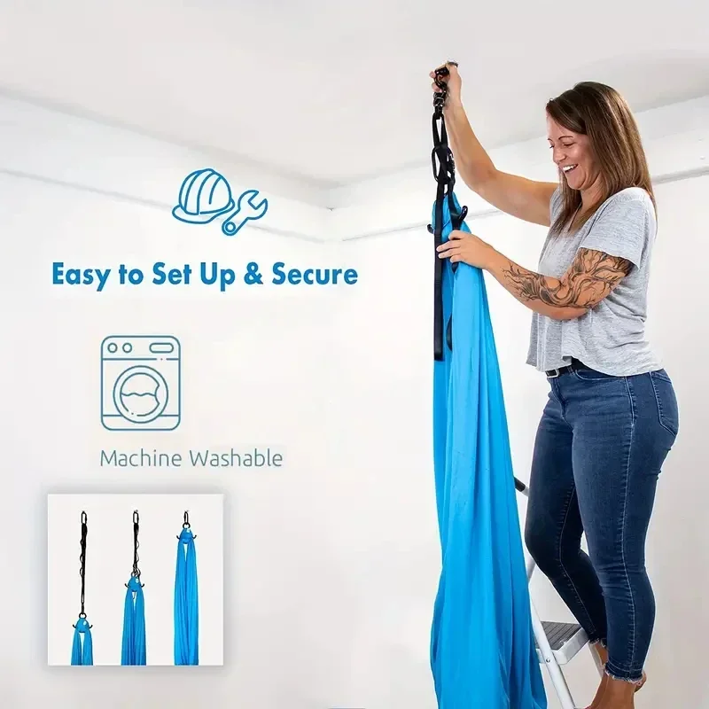 Complete Yoga Hammock Swing Set with Hardware Elastic Fabric Aerial Silks for Indoor Outdoor Use 59x110inch Relaxing Yoga Swings - Image 2