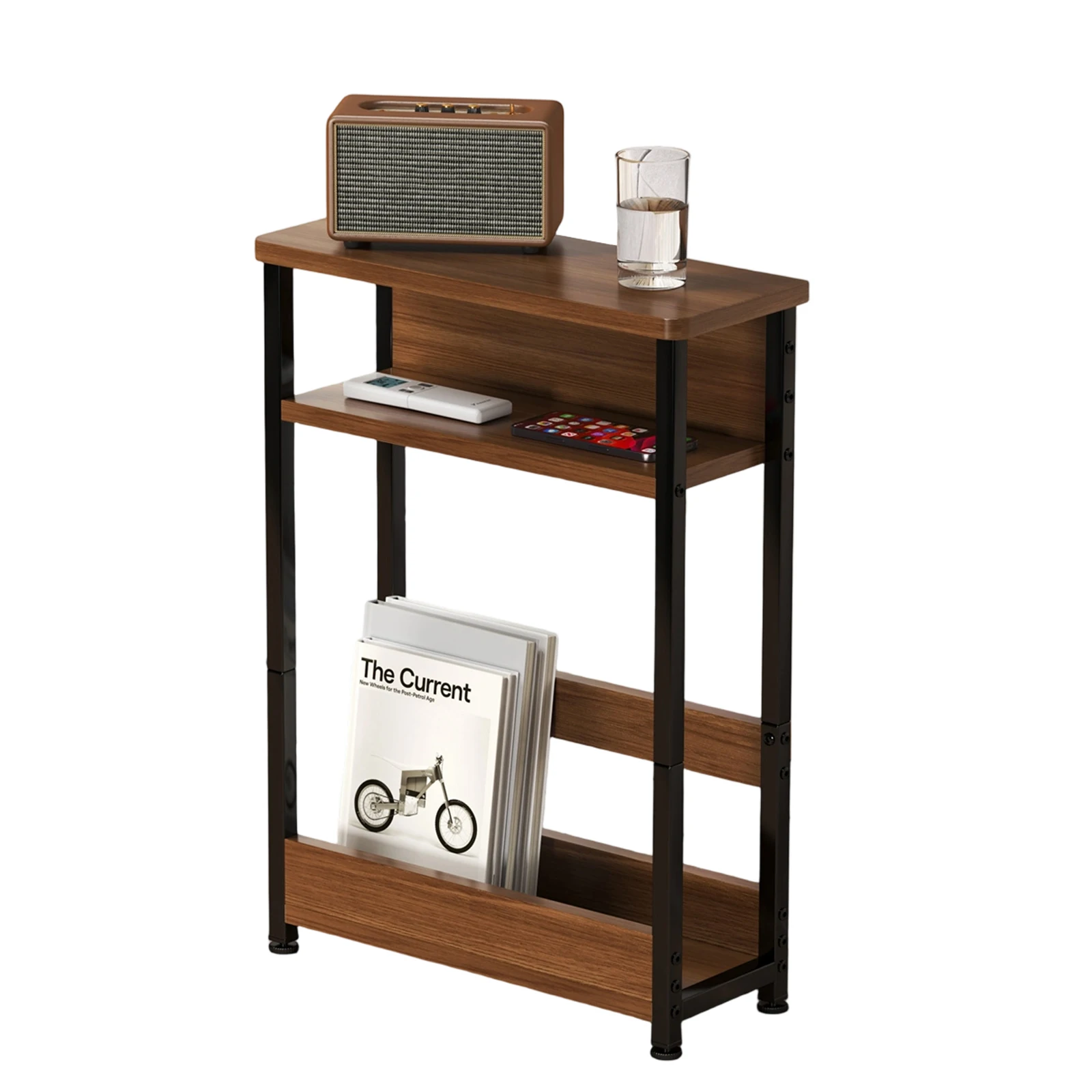 Narrow Side Table for Small Spaces 3-Tier End Table with Storage Shelf Wood Bedside Tables with Metal Frame for Bedroom Couch