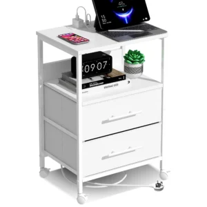 Bedside Table With Charging Station Nightstand With 2 Outlets And 2 USB Ports With 4 Castors