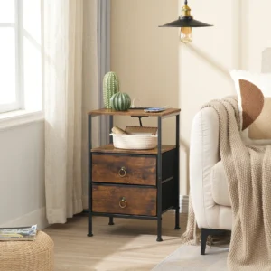 Bedside Table with Charging Station Side Table with 2 USB Ports and Outlet End Tables with 2 Fabric Drawers Nightstand