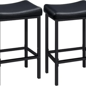 Set of 2 Black Bar Stools with Curved Saddle Seat, 24.8 Inches High, Water-Resistant Upholstery for Kitchen and Dining