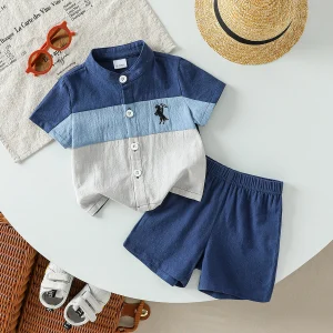 2-Piece Baby Boy Summer Leisure Outdoor Cotton Breathable Comfort Color Patchwork Short Sleeve Shorts Set Pattern 1-3Y