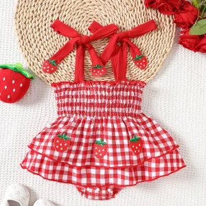 Baby Girl Strawberry Gingham Smocked Tie-Strap Romper Dress – Stretchy Shirred Bodice & Layered Skirt, Cute Summer One-Piece Out