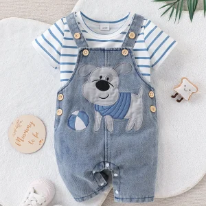 Baby Boy Striped T-Shirt + Cartoon Bear Denim Overalls Set, Cute Summer Casual Outfit for Going Out