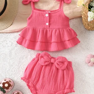 Baby Girl Bow-Knot Suspender Top with Ruffles + Bow-Knot Shorts Set, Cute and Breathable Two-Piece Summer Set
