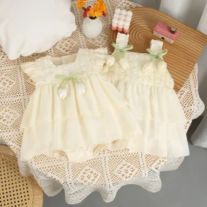 2026 New Summer Baby Clothes Sweet Infant Girls Tulip Bodysuit Flying Sleeve Princess Dress Sister Dress Toddler Outwear