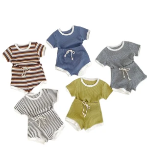 2024 New Summer Baby Clothes Set Boys Simplicity Stripe Round Neck T-shirt + Bloomer Toddler Outfit 2PCS