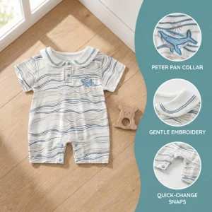Newborn Baby Striped Wave Romper Peter Pan Collar Cotton Infant Jumpsuit Summer Breathable Toddlers Onesie Clothes