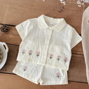 Cute Summer Hot Baby Tracksuit Set Embroidered Flower Cotton Shirt + Shorts Child Casual Sports Clothes Fashionable Baby Outfit