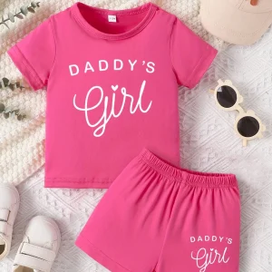 Baby girl round neck short sleeved DADDY'S GIRL fashionable letter pattern top casual short set for spring and summer