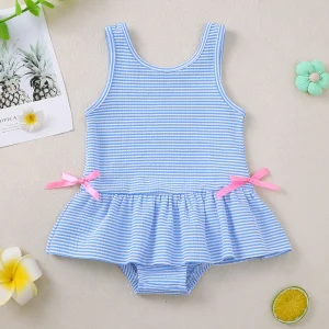 Baby Girl's Solid Stripe One-Piece Swimsuit Sleeveless Bodysuit for Toddlers And Kids