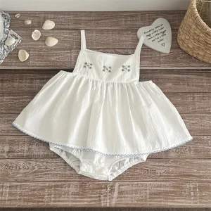 2026 New Summer Pastorale Style Baby Set Green Floral Embroidery Strap Top White Bloomers 2Pcs Clothes Toddler Girls Soft Outfit