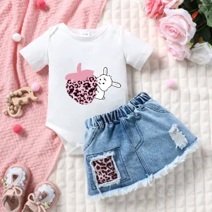 Summer Infant Girl's Sweet Two-Piece Set Leopard Strawberry Rabbit Print Short Sleeve Top with Frayed Denim Mini Skirt Outfit