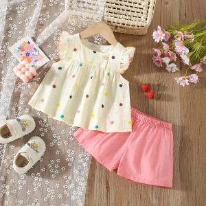 Summer Baby Girl Colored Polka Dot Small Flying Sleeve Top And Shorts Set Girl Beach Two-Piece Set