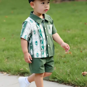2 pieces of baby boy fashion casual splicing ethnic pattern short-sleeved shirt and shorts set in summer