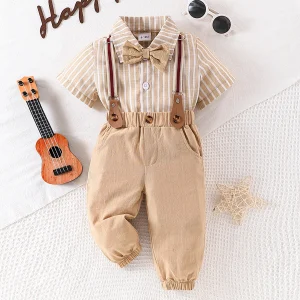 2-piece set of male baby gentleman's clothing, short sleeved shirt, bow tie, tie and suspender, long pants, spring and summer