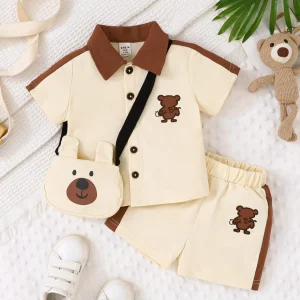 Toddler Bear Print 3-Piece Outfit, Beige & Brown Polo Shirt + Shorts + Crossbody Bag, Baby Boy Summer Casual Clothing Set