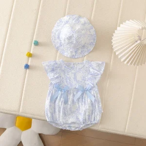 0-24M Newborn Sets Romper+ Matching Hat Summer Baby Girls 100% Cotton Floral Princess Bodysuit Double Bows Infant Clothes